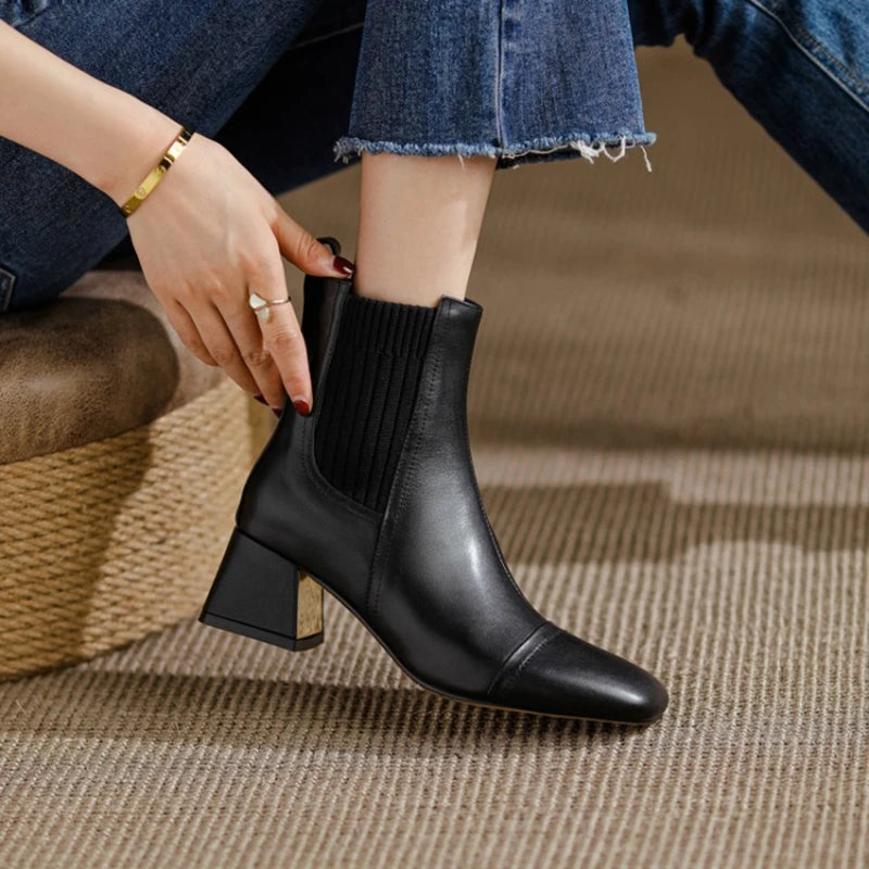 Botas de cuero negro para mujer: punta cuadrada, tacón ancho y diseño elegante para otoño e invierno - Kumo Rose™