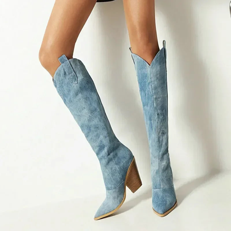 Botas vaqueras altas de mezclilla para mujer: estilo western, tacón alto y perfectas para otoño e invierno - Kumo Rose™