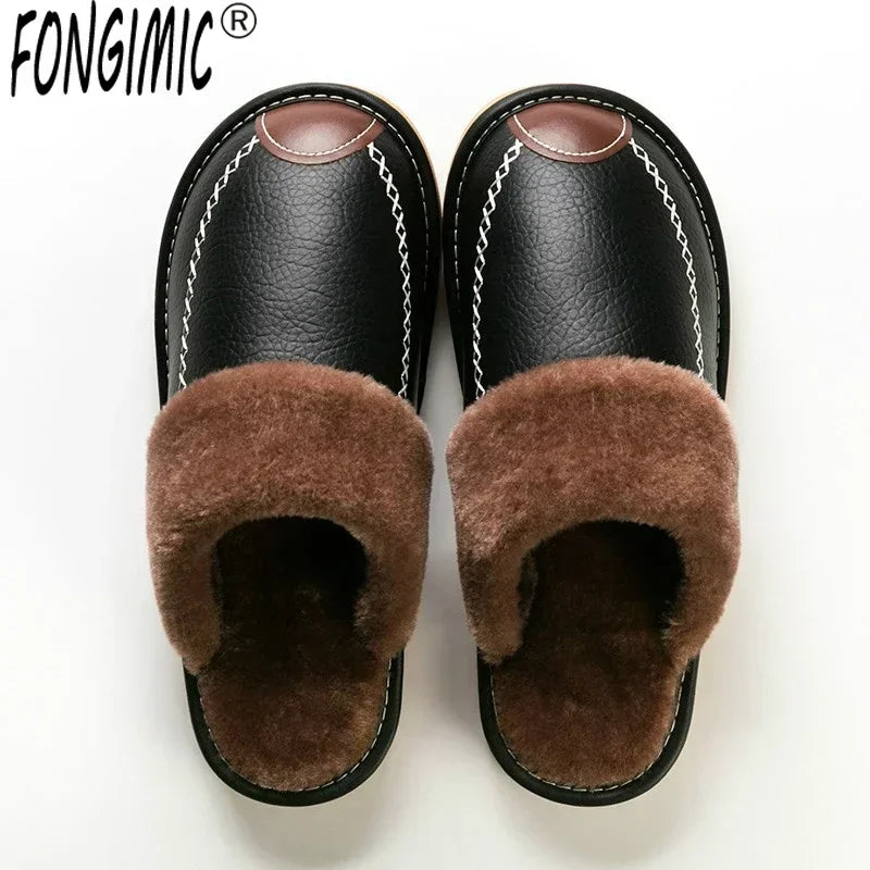 Pantuflas de invierno para hombre: cuero impermeable, interior de felpa gruesa, ideal para casa - Kumo Rose™