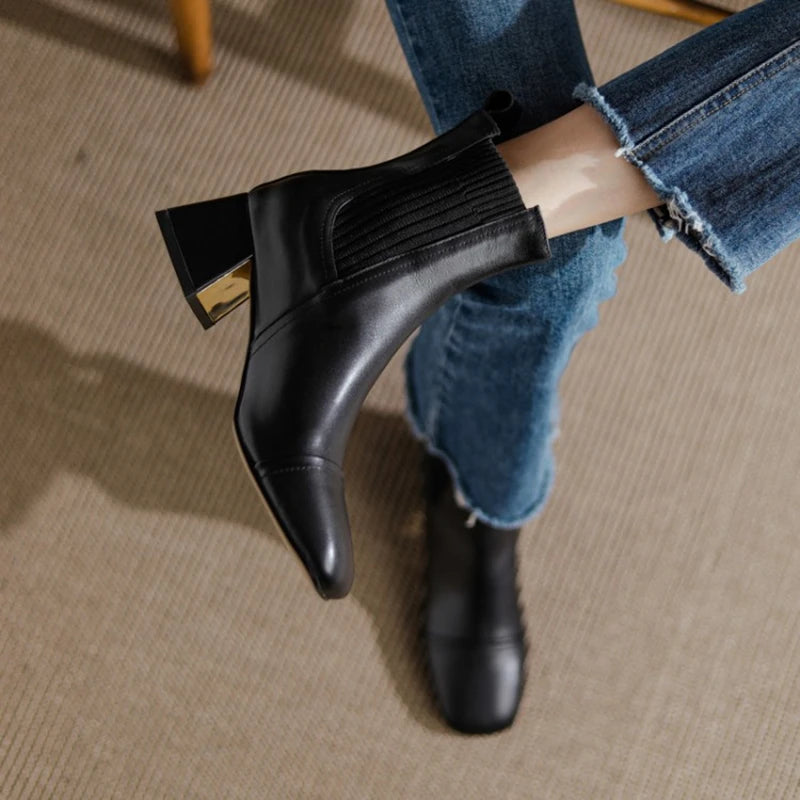 Botas de cuero negro para mujer: punta cuadrada, tacón ancho y diseño elegante para otoño e invierno - Kumo Rose™