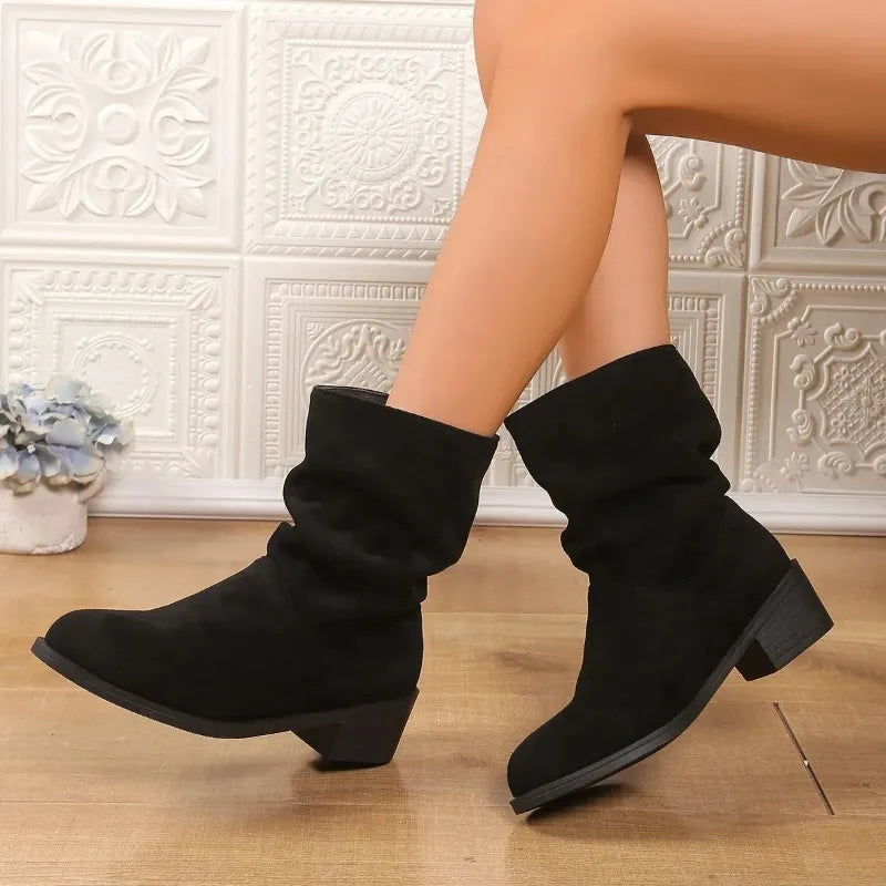 Botas estilo británico para mujer: punta puntiaguda, tacón grueso y superficie de terciopelo, elegantes para otoño e invierno - Kumo Rose™