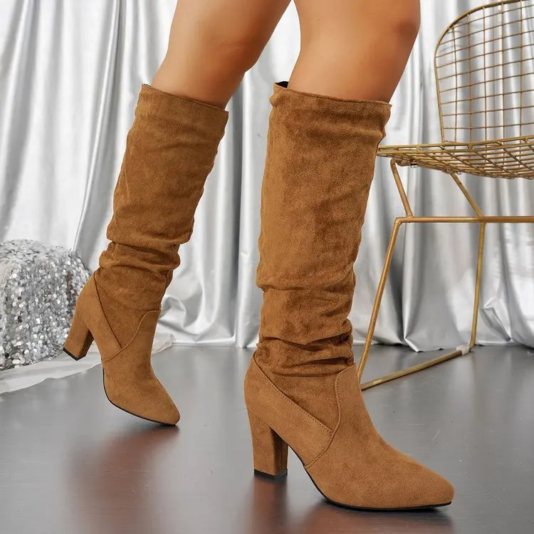 Botas altas plisadas con punta fina y tacón ancho: cómodas, modernas y perfectas para lucir en fiestas - Kumo Rose™