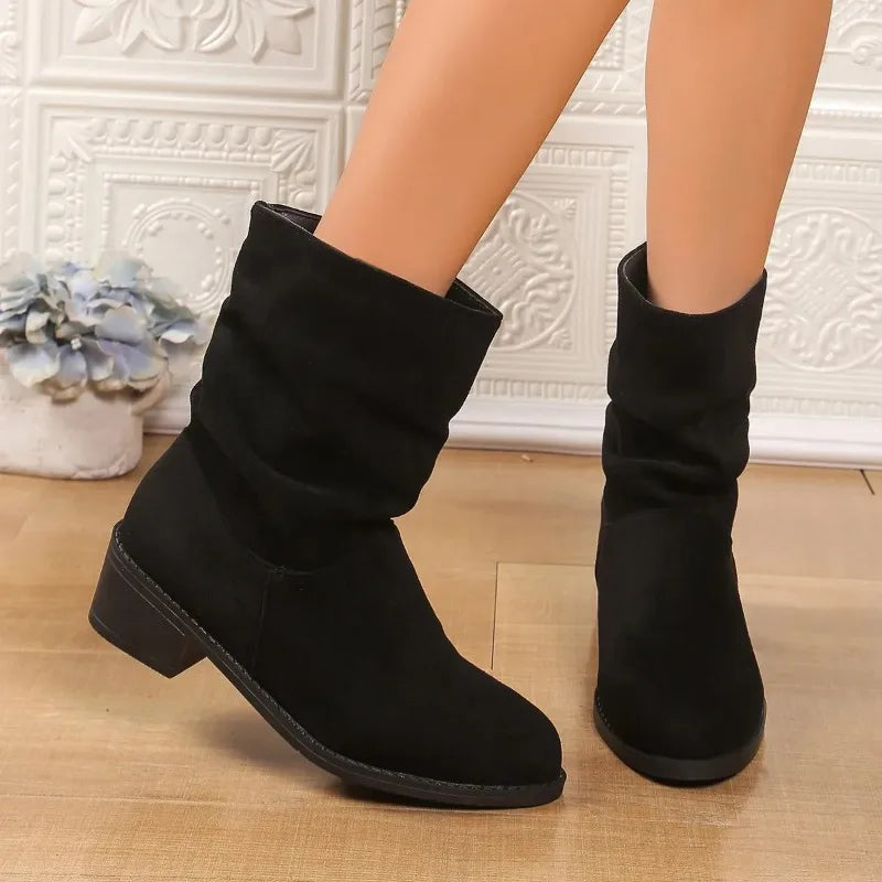 Botas estilo británico para mujer: punta puntiaguda, tacón grueso y superficie de terciopelo, elegantes para otoño e invierno - Kumo Rose™