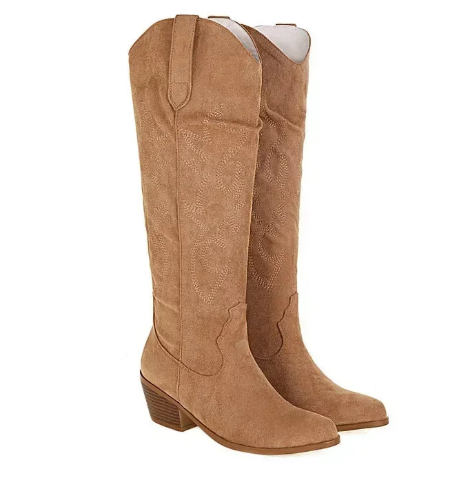 Botas altas de cuero sintético marrón para mujer: punta fina, estilo cowboy y perfectas para otoño e invierno - Kumo Rose™
