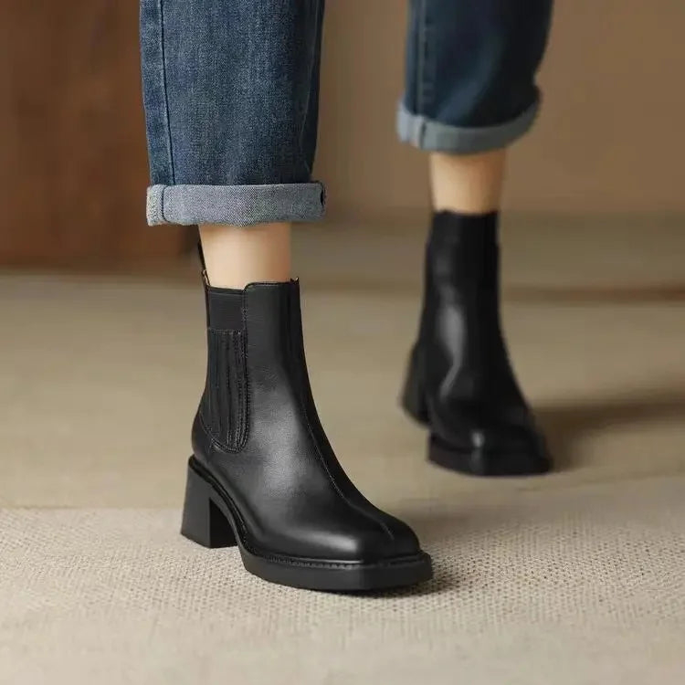 Botines Chelsea de tacón ancho: estilo francés, punta cuadrada y efecto estilizador. Ideales para otoño e invierno- Kumo Rose™