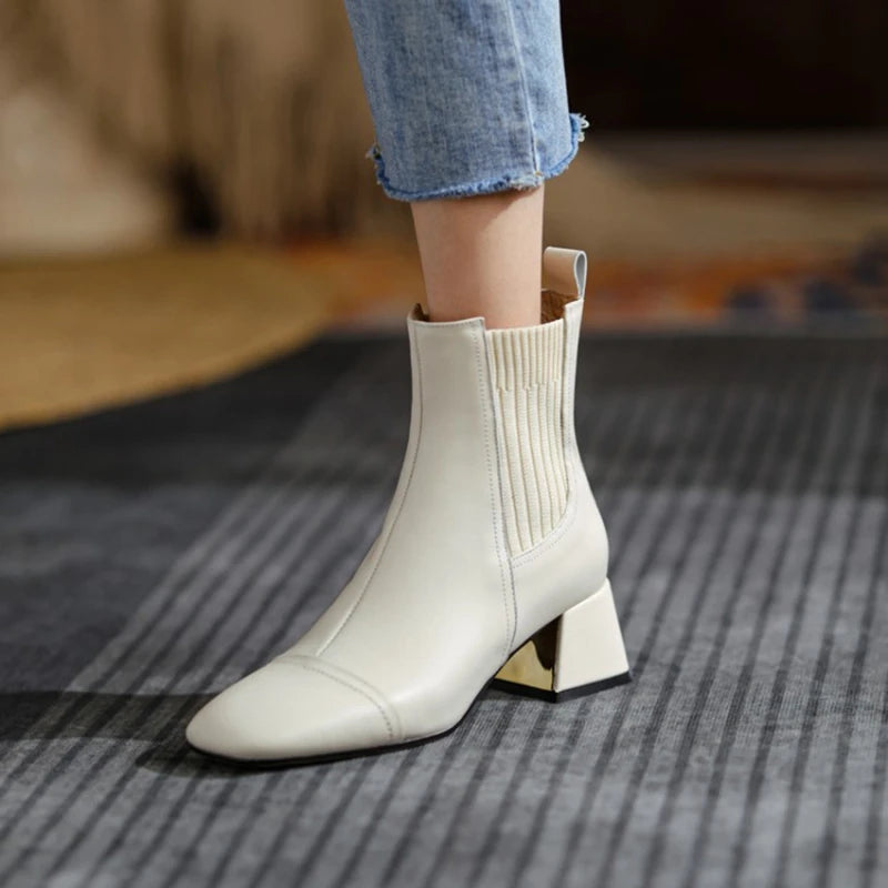 Botas de cuero negro para mujer: punta cuadrada, tacón ancho y diseño elegante para otoño e invierno - Kumo Rose™