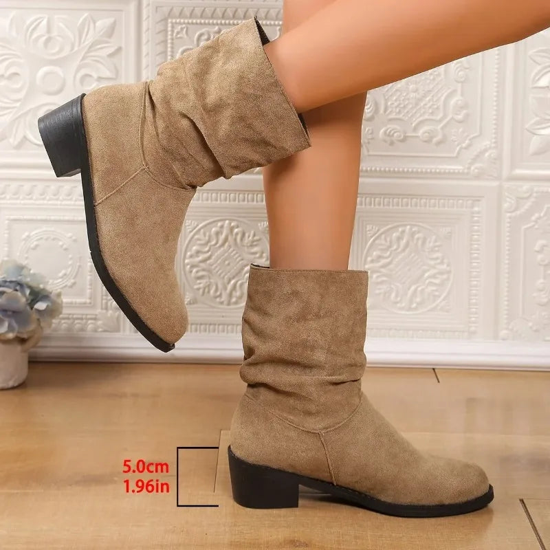 Botas estilo británico para mujer: punta puntiaguda, tacón grueso y superficie de terciopelo, elegantes para otoño e invierno - Kumo Rose™