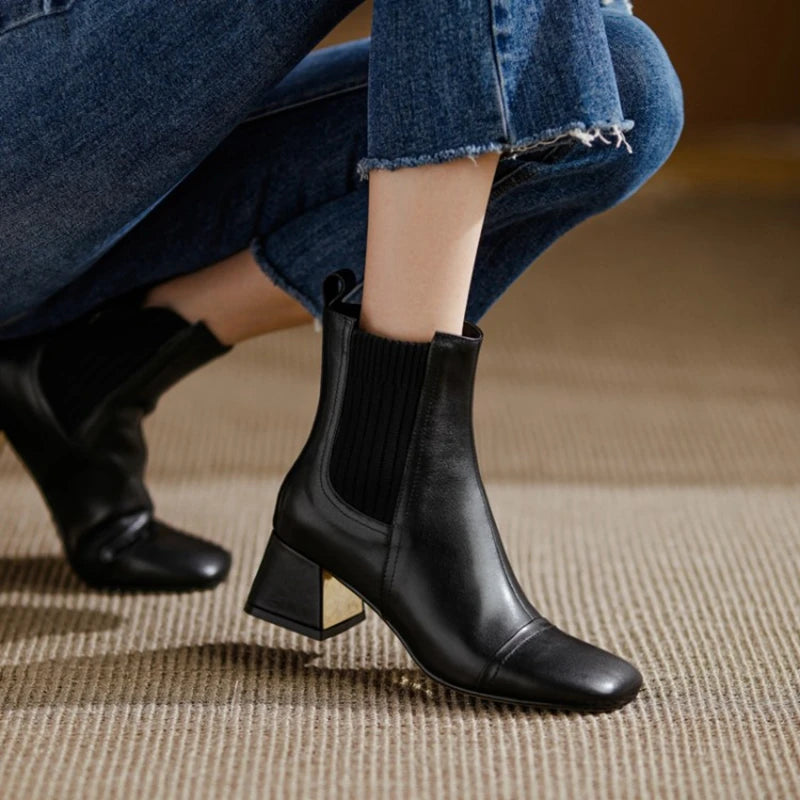 Botas de cuero negro para mujer: punta cuadrada, tacón ancho y diseño elegante para otoño e invierno - Kumo Rose™