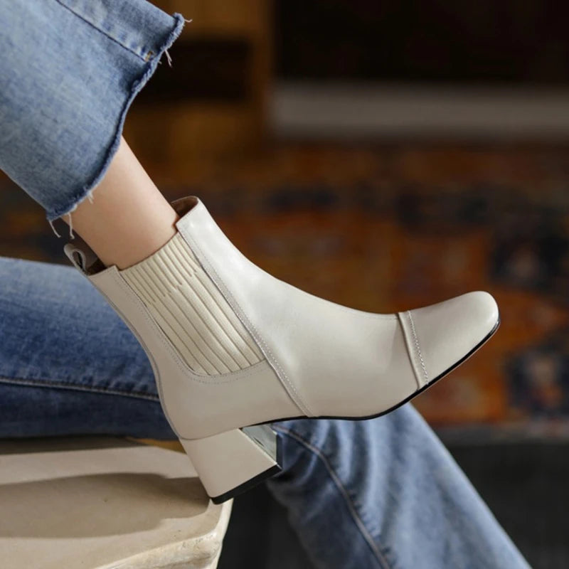 Botas de cuero negro para mujer: punta cuadrada, tacón ancho y diseño elegante para otoño e invierno - Kumo Rose™