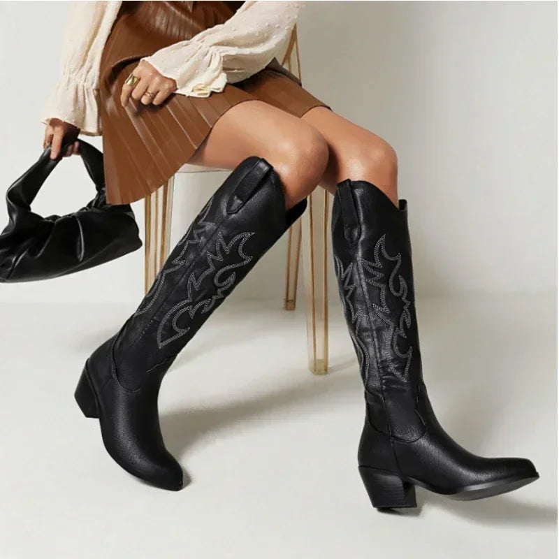 Botas altas de cuero sintético marrón para mujer: punta fina, estilo cowboy y perfectas para otoño e invierno - Kumo Rose™