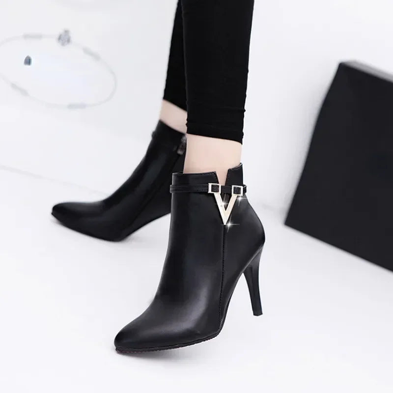 Botines de mujer de invierno: tacón fino, punta puntiaguda y cuero PU, elegantes y sexys para otoño e invierno - Kumo Rose™