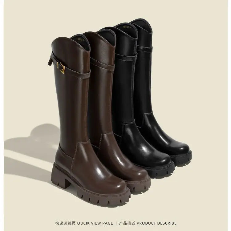 Botas altas tipo knight para mujer: tacón cuadrado, cálidas y modernas, ideales para otoño e invierno - Kumo Rose™