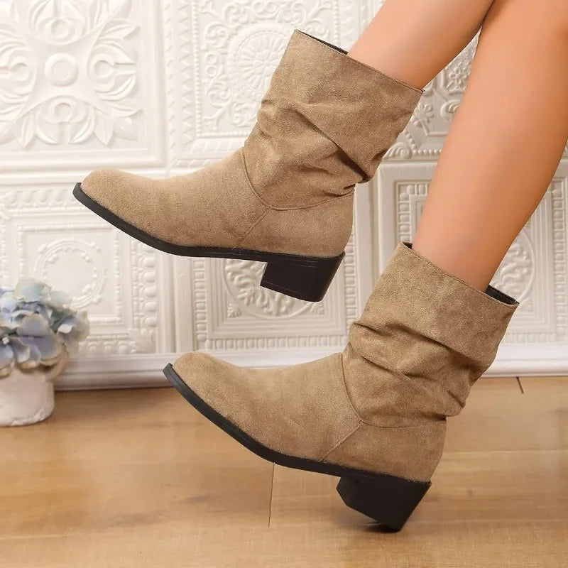Botas estilo británico para mujer: punta puntiaguda, tacón grueso y superficie de terciopelo, elegantes para otoño e invierno - Kumo Rose™