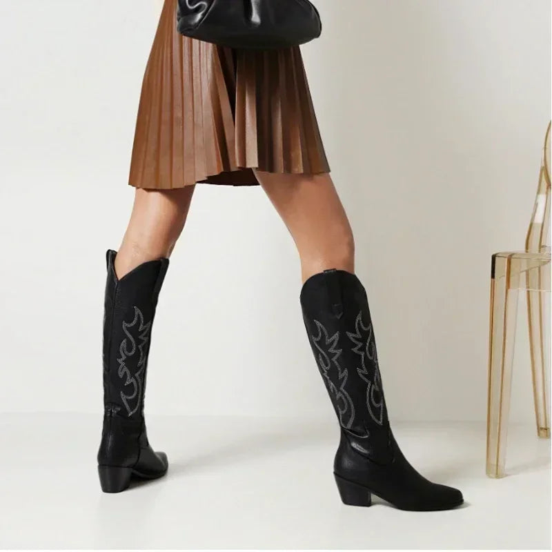 Botas altas de cuero sintético marrón para mujer: punta fina, estilo cowboy y perfectas para otoño e invierno - Kumo Rose™