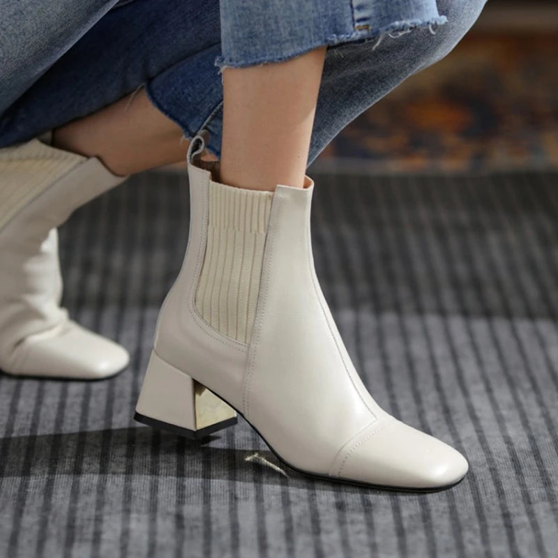 Botas de cuero negro para mujer: punta cuadrada, tacón ancho y diseño elegante para otoño e invierno - Kumo Rose™