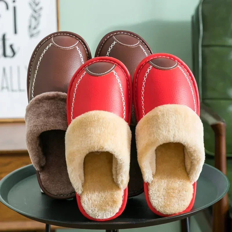 Pantuflas de invierno para hombre: cuero impermeable, interior de felpa gruesa, ideal para casa - Kumo Rose™