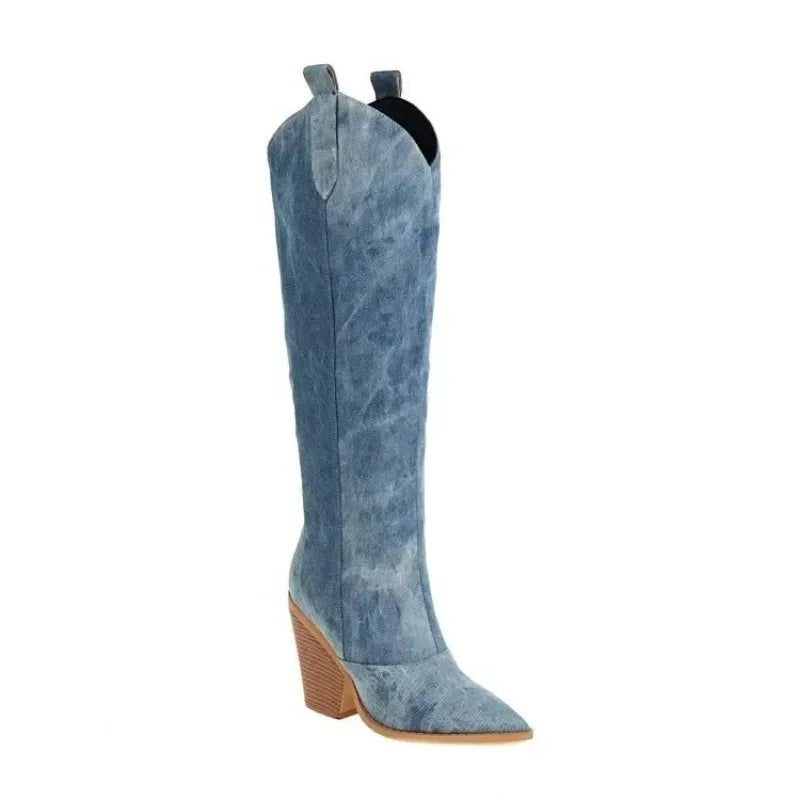 Botas vaqueras altas de mezclilla para mujer: estilo western, tacón alto y perfectas para otoño e invierno - Kumo Rose™