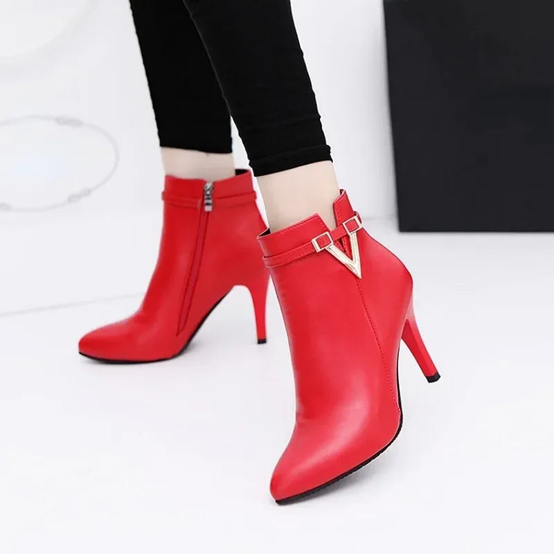 Botines de mujer de invierno: tacón fino, punta puntiaguda y cuero PU, elegantes y sexys para otoño e invierno - Kumo Rose™