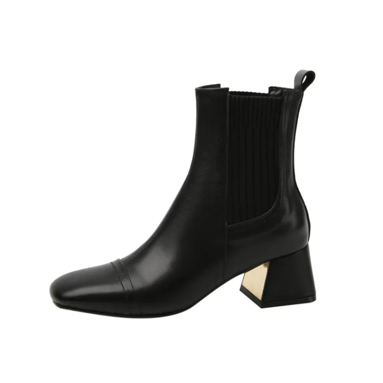 Botas de cuero negro para mujer: punta cuadrada, tacón ancho y diseño elegante para otoño e invierno - Kumo Rose™