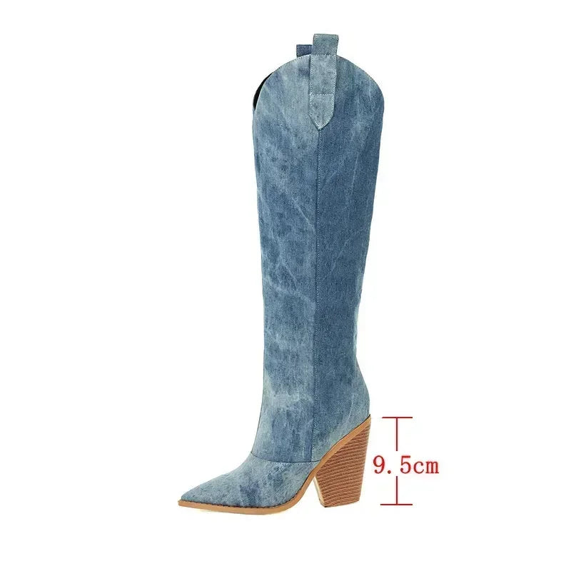 Botas vaqueras altas de mezclilla para mujer: estilo western, tacón alto y perfectas para otoño e invierno - Kumo Rose™
