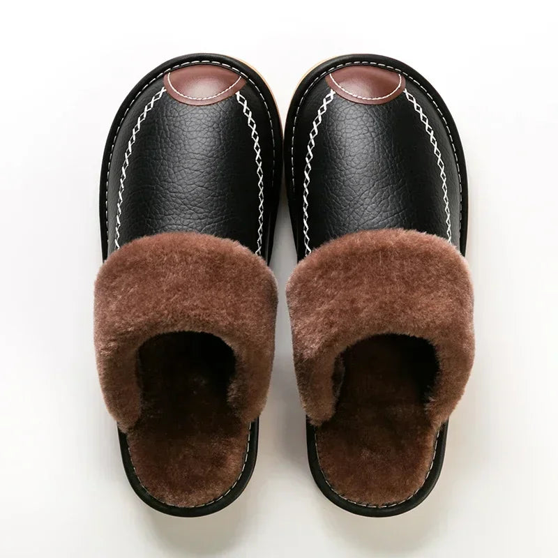 Pantuflas de invierno para hombre: cuero impermeable, interior de felpa gruesa, ideal para casa - Kumo Rose™