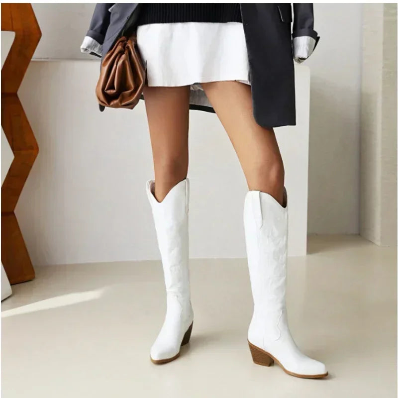 Botas altas de cuero sintético marrón para mujer: punta fina, estilo cowboy y perfectas para otoño e invierno - Kumo Rose™
