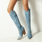 Botas vaqueras altas de mezclilla para mujer: estilo western, tacón alto y perfectas para otoño e invierno - Kumo Rose™