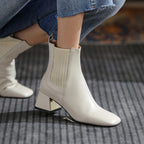 Botas de cuero negro para mujer: punta cuadrada, tacón ancho y diseño elegante para otoño e invierno - Kumo Rose™